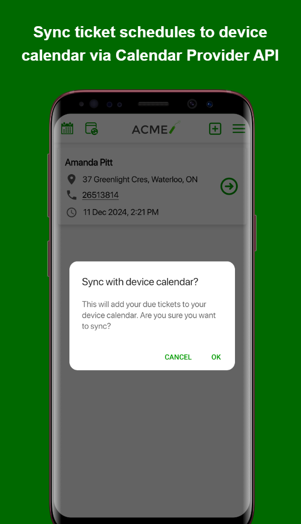 ACME app calendar sync screen