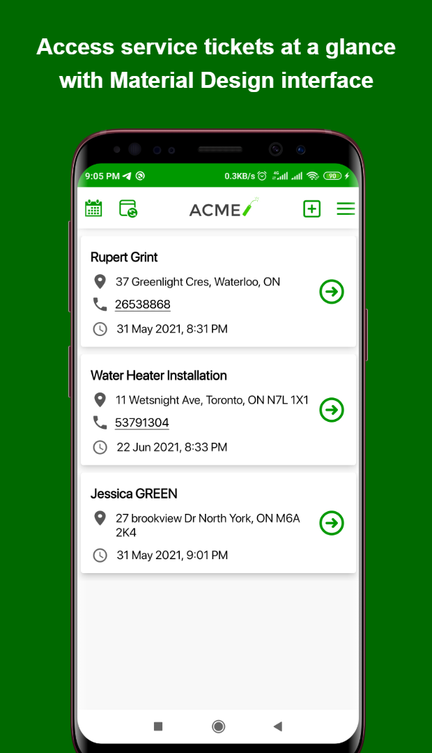 ACME app dashboard screen