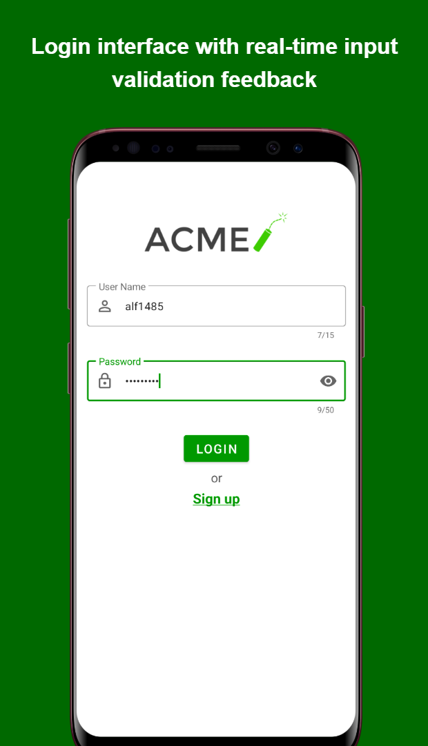 ACME app login screen