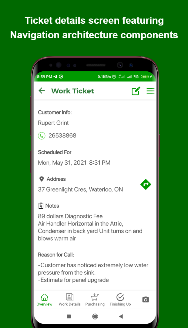 ACME app ticket details screen