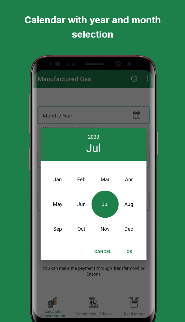 Gas consumption manager calendar screen