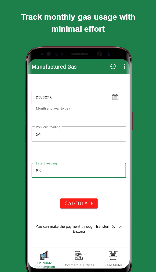 Gas consumption manager main screen